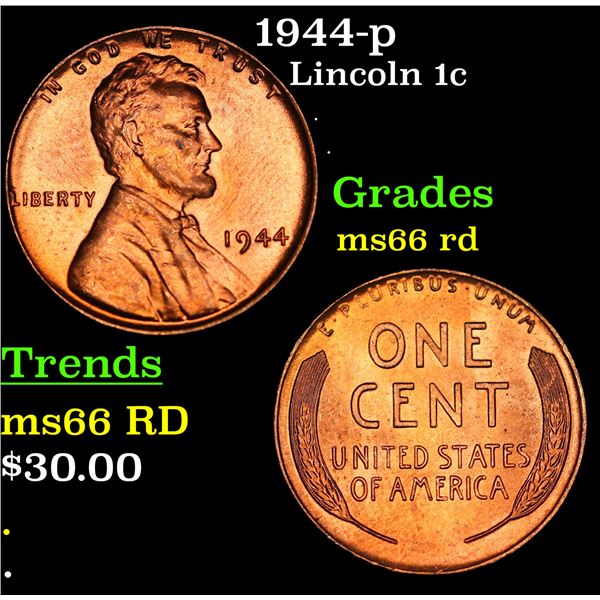 1944-p Lincoln Cent 1c Grades GEM+ Unc RD