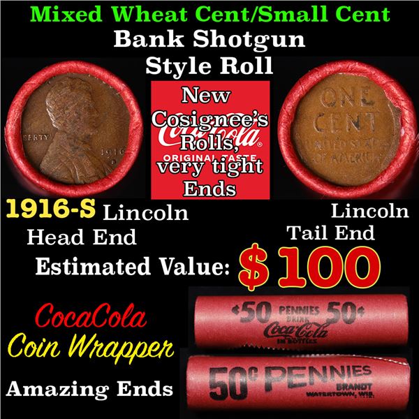 Mixed small cents 1c orig shotgun roll, 1916-s Lincoln Cent, Wheat Cent other end, Vintage Brandt Co