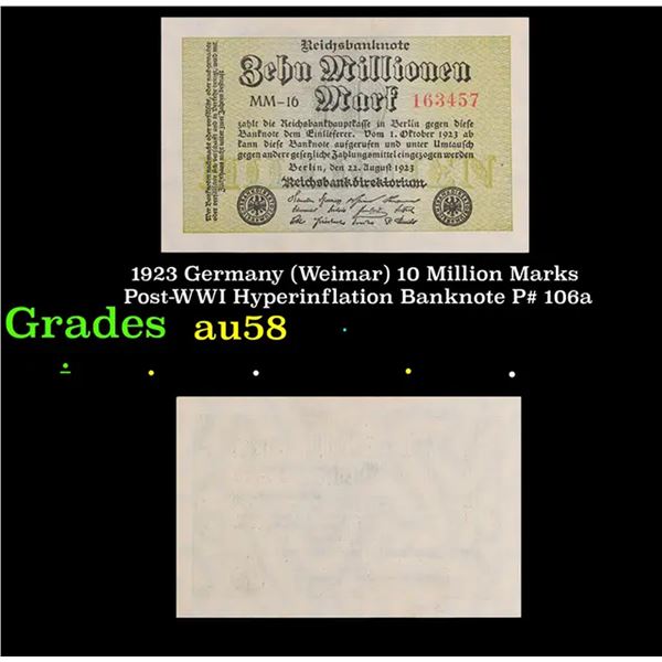 1923 Germany (Weimar) 10 Million Marks Post-WWI Hyperinflation Banknote P# 106a Grades Choice AU/BU 