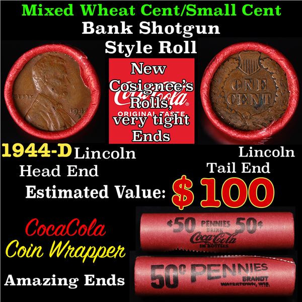 Mixed small cents 1c orig shotgun roll, 1944-d Lincoln Cent, Indian Cent other end, Vintage Brandt C