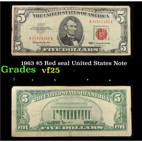 1963 $5 Red seal United States Note Grades vf+