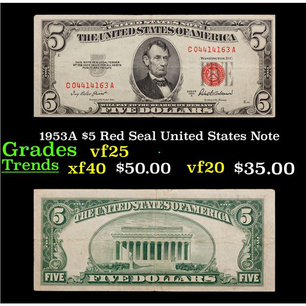 1953A $5 Red Seal United States Note Grades vf+