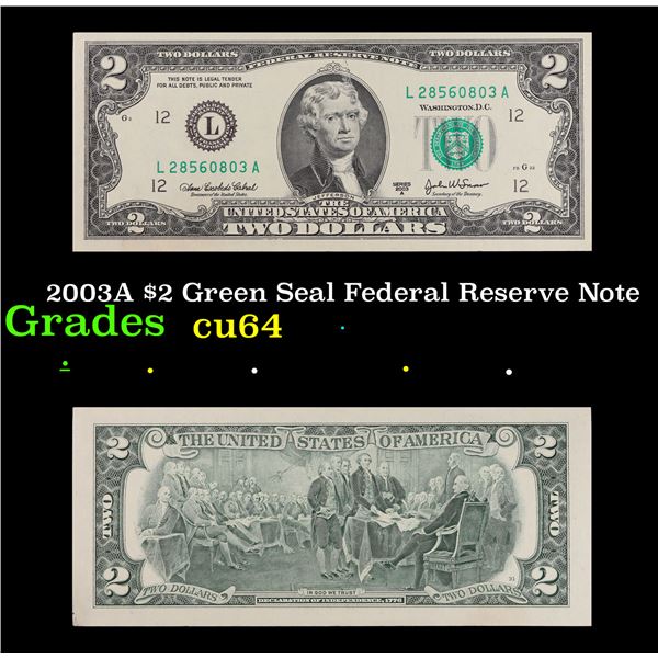 2003A $2 Green Seal Federal Reserve Note Grades Choice CU