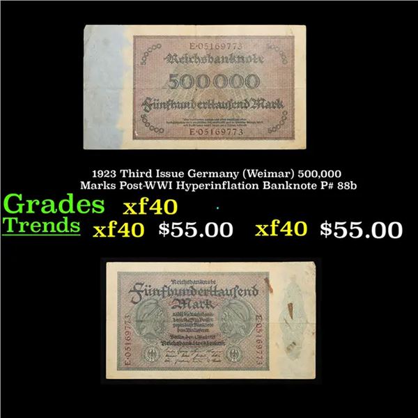 1923 Third Issue Germany (Weimar) 500,000 Marks Post-WWI Hyperinflation Banknote P# 88b Grades xf