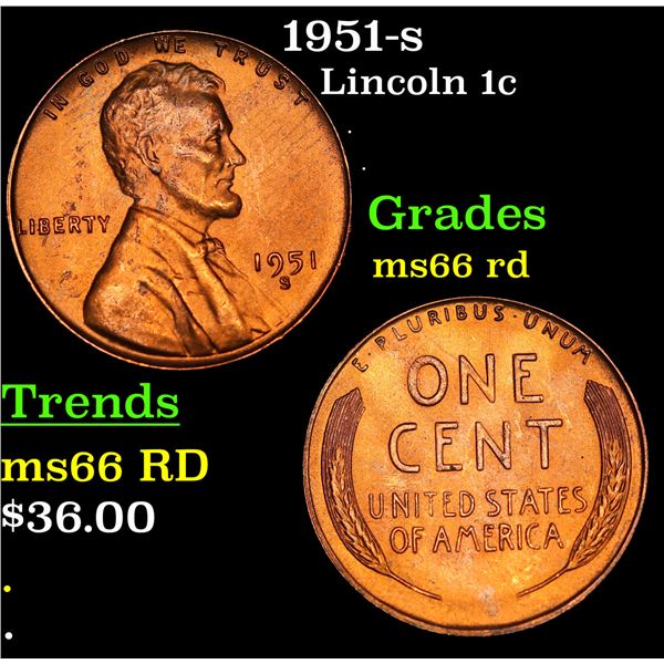 1951-s Lincoln Cent 1c Grades GEM+ Unc RD