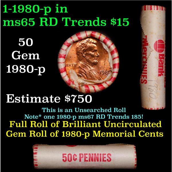 Shotgun Lincoln 1c roll, 1980-p 50 pcs Merchants Bank Wrapper.