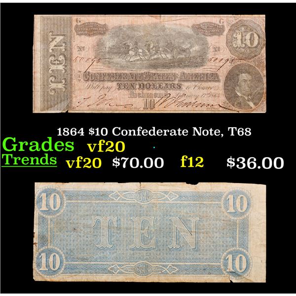 1864 $10 Confederate Note, T68 Grades vf, very fine