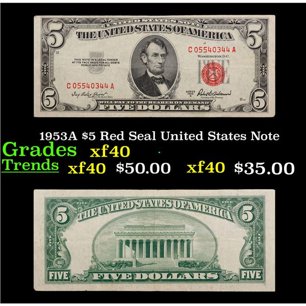 1953A $5 Red Seal United States Note Grades xf