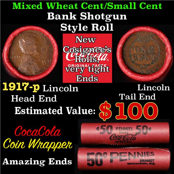 Mixed small cents 1c orig shotgun roll, 1917-p Lincoln Cent, Indian Cent other end, Vintage Brandt C