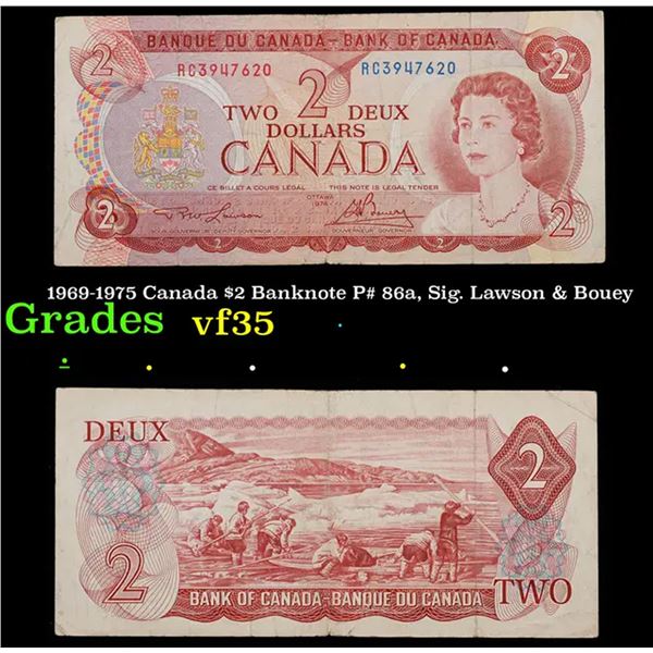 1969-1975 Canada $2 Banknote P# 86a, Sig. Lawson & Bouey Grades vf++