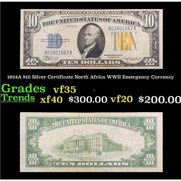 1934A $10 Silver Certificate North Africa WWII Emergency Currency Grades vf++