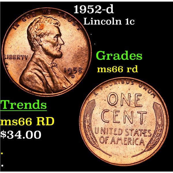 1952-d Lincoln Cent 1c Grades GEM+ Unc RD
