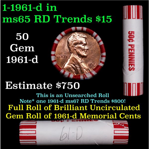 Shotgun Lincoln 1c roll, 1961-d 50 pcs Brandt 50c Wrapper.