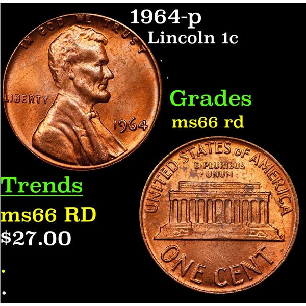 1964-p Lincoln Cent 1c Grades GEM+ Unc RD