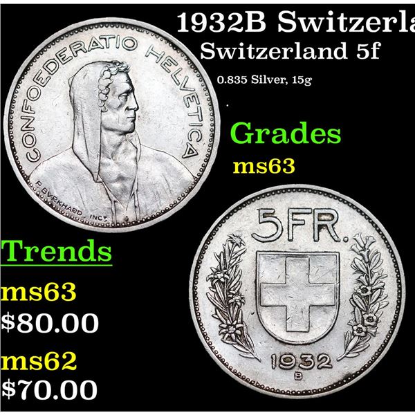 1932B Switzerland 5 Francs Silver KM# 40 Grades Select Unc