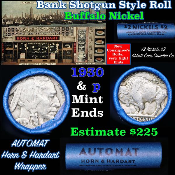 Buffalo Nickel Shotgun Roll in Old Bank Style 'Automat Horn & Hardart, Abbott Coin Counter' Wrapper 