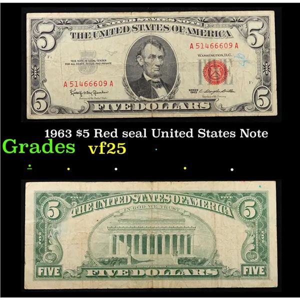 1963 $5 Red seal United States Note Grades vf+