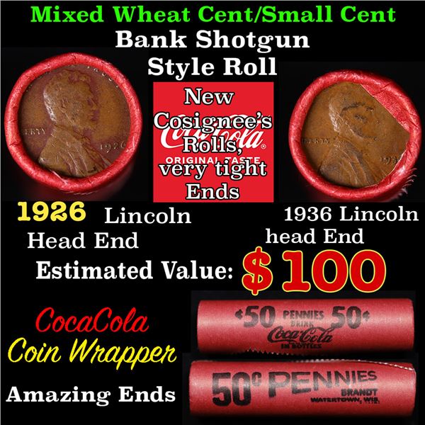 Mixed small cents 1c orig shotgun roll, 1926-p Lincoln Cent, 1939-p Wheat Cent other end, Vintage Br