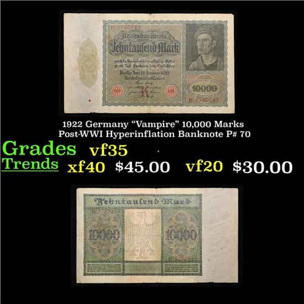 1922 Germany "Vampire" 10,000 Marks Post-WWI Hyperinflation Banknote P# 70 Grades vf++