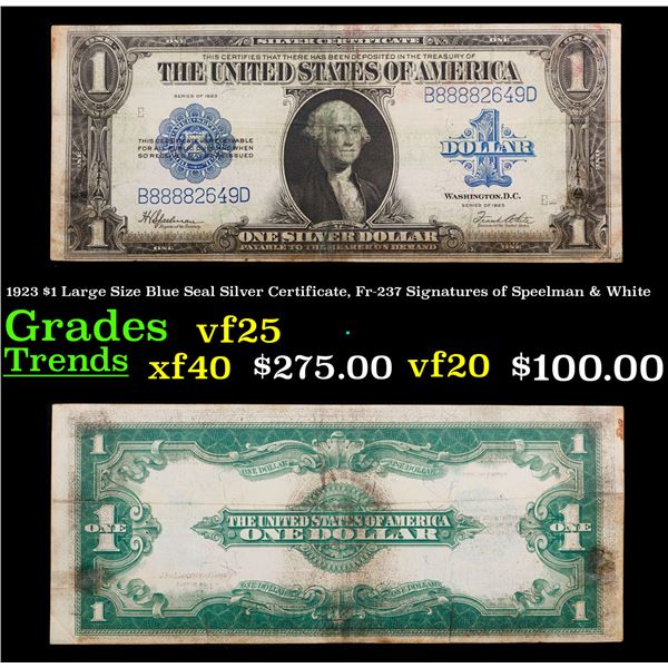 1923 $1 Large Size Blue Seal Silver Certificate, Fr-237 Signatures of Speelman & White Grades vf+