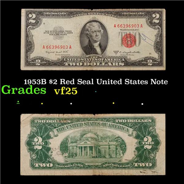 1953B $2 Red Seal United States Note Grades vf+