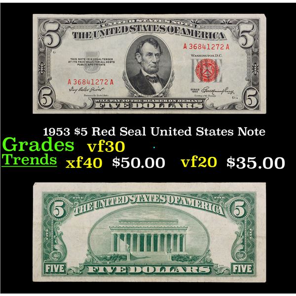 1953 $5 Red Seal United States Note Grades vf++