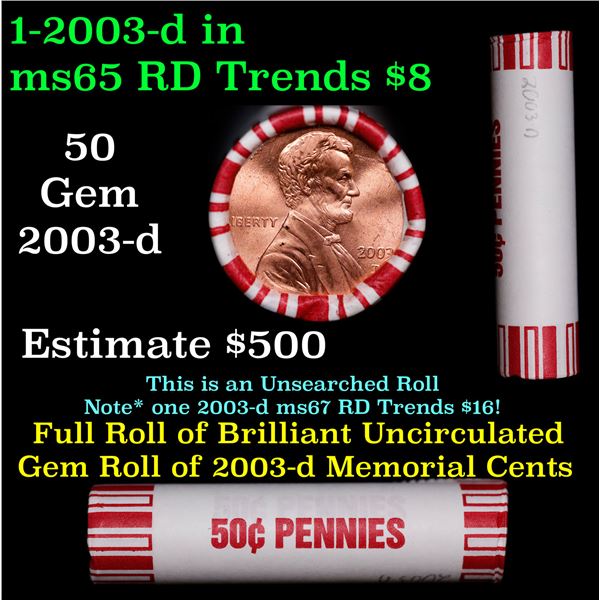 Shotgun Lincoln 1c roll, 2003-d 50 pcs Brandt 50c Wrapper.