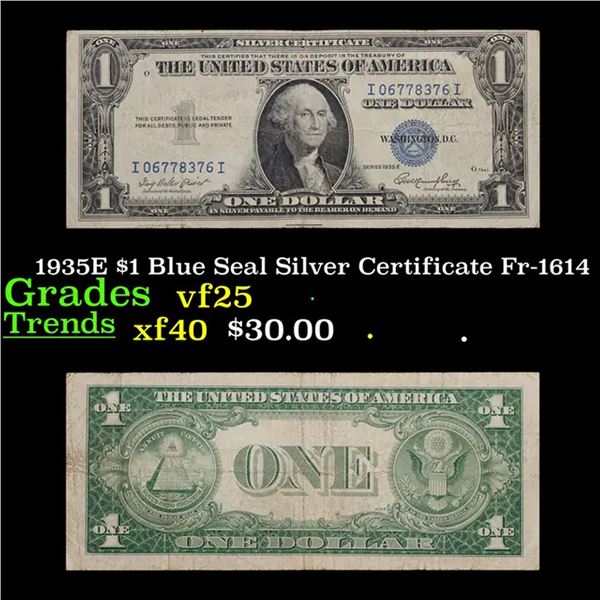 1935E $1 Blue Seal Silver Certificate Fr-1614 Grades vf+