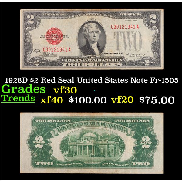 1928D $2 Red Seal United States Note Fr-1505 Grades vf++