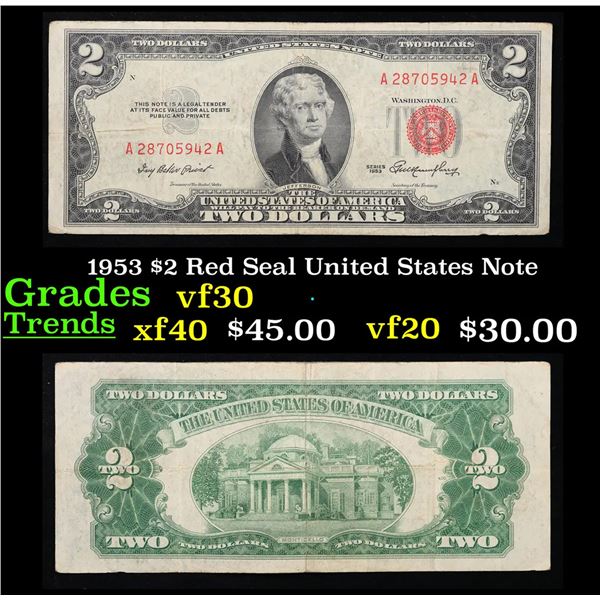 1953 $2 Red Seal United States Note Grades vf++
