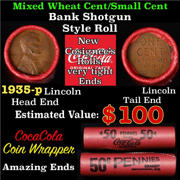 Mixed small cents 1c orig shotgun roll, 1937-p Lincoln Cent, Wheat Cent other end, Vintage Brandt Co