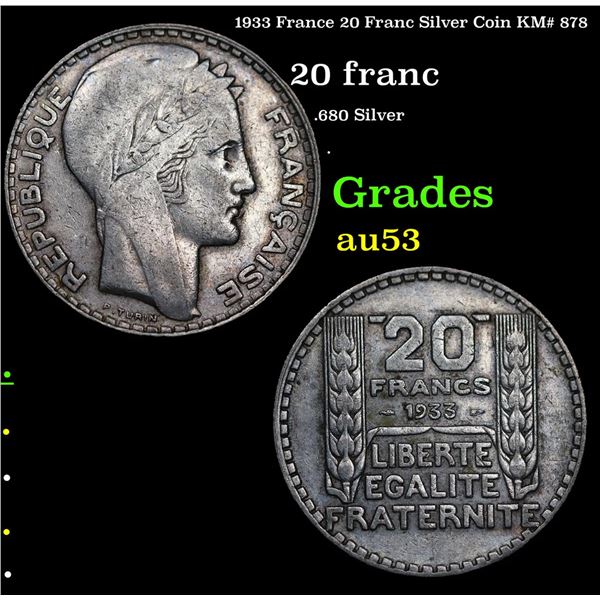 1933 France 20 Franc Silver Coin KM# 878 Grades Select AU