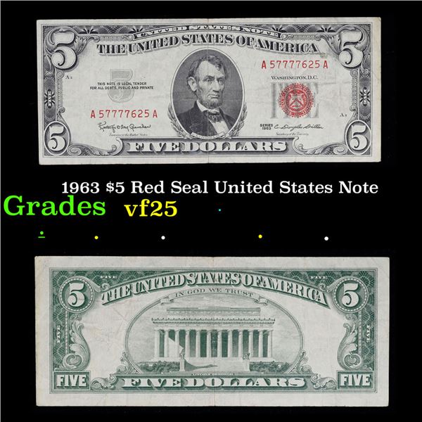 1963 $5 Red Seal United States Note Grades vf+