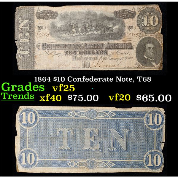 1864 $10 Confederate Note, T68 Grades vf+