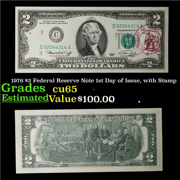 1976 $2 Federal Reserve Note 1st Day of Issue, with Stamp Grades Gem CU