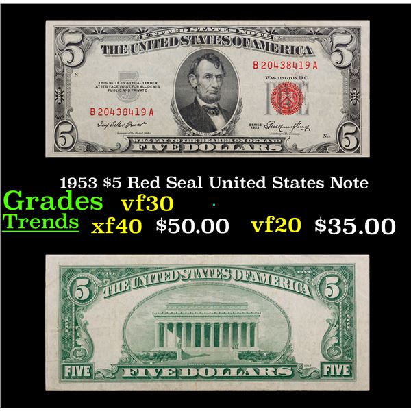 1953 $5 Red Seal United States Note Grades vf++