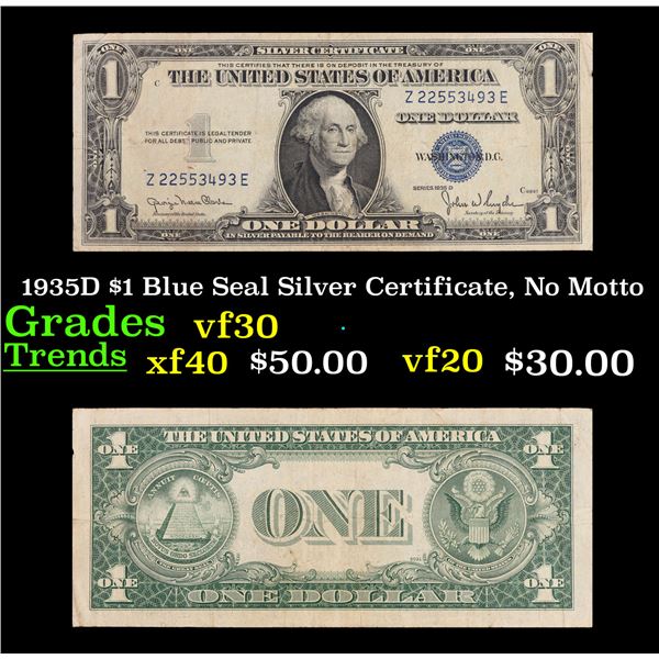 1935D $1 Blue Seal Silver Certificate, No Motto Grades vf++