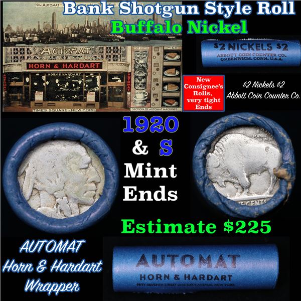 Buffalo Nickel Shotgun Roll in Old Bank Style $2 Nickels' Wrapper 1920 & S Mint Ends