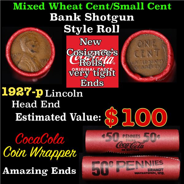 Mixed small cents 1c orig shotgun roll, 1927-p Lincoln Cent, Wheat Cent other end, Vintage Brandt Co