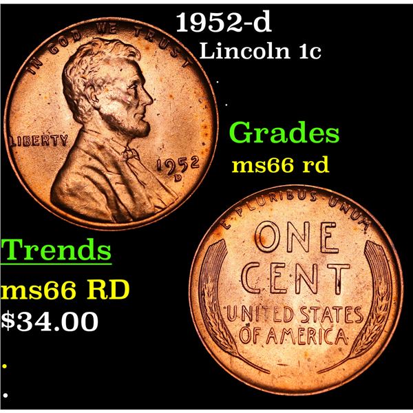 1952-d Lincoln Cent 1c Grades GEM+ Unc RD