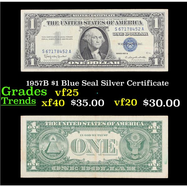 1957B $1 Blue Seal Silver Certificate Grades vf+