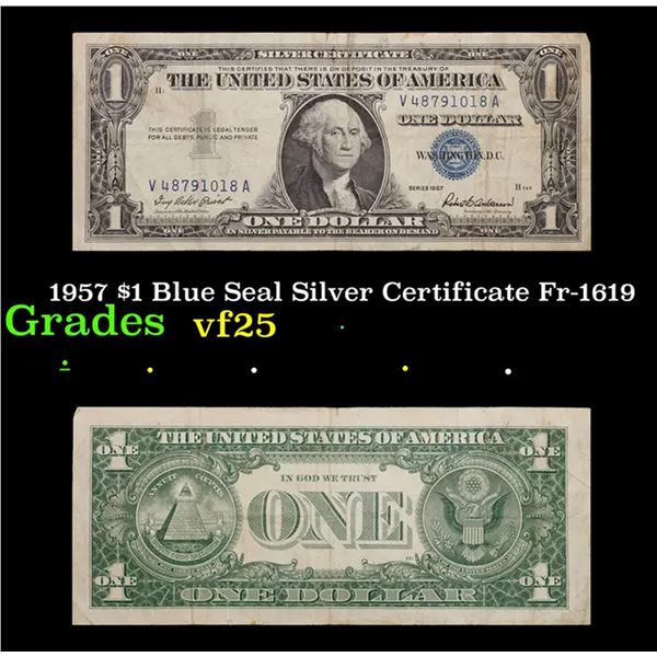 1957 $1 Blue Seal Silver Certificate Fr-1619 Grades vf+