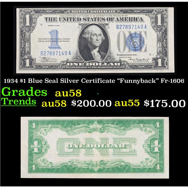 1934 $1 Blue Seal Silver Certificate "Funnyback" Fr-1606 Grades Choice AU/BU Slider