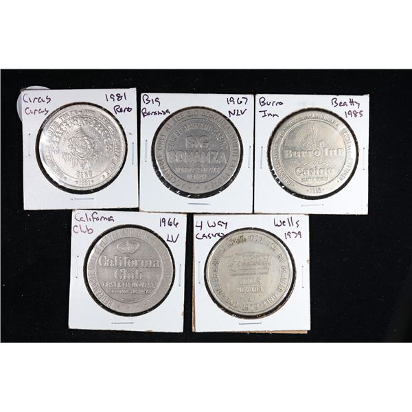 Lot of 5x Various Vintage 1 Dollar Gaming Tokens Grades