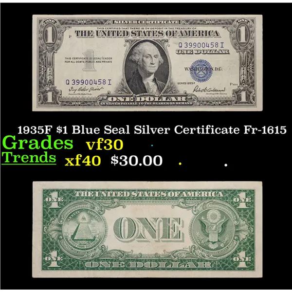 1935F $1 Blue Seal Silver Certificate Fr-1615 Grades vf++