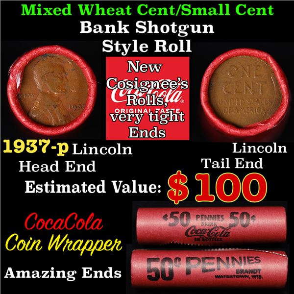 Mixed small cents 1c orig shotgun roll, 1937-p Lincoln Cent, Wheat Cent other end, Vintage Brandt Co