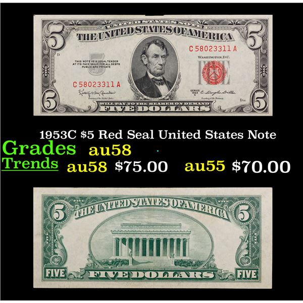 1953C $5 Red Seal United States Note Grades Choice AU/BU Slider