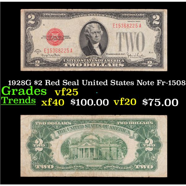 1928G $2 Red Seal United States Note Fr-1508 Grades vf+