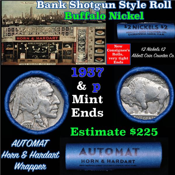 Buffalo Nickel Shotgun Roll in Old Bank Style 'Automat Horn & Hardart, Abbott Coin Counter' Wrapper 