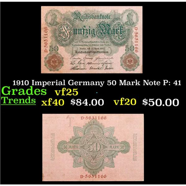 1910 Imperial Germany 50 Mark Note P: 41 Grades vf+